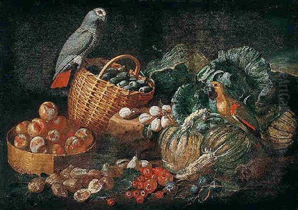 Still Life With Parrots, Pumpkins, Tomatoes, Figs, Peaches And Plums In A Basket Oil Painting by Jacob van der Kerckhoven