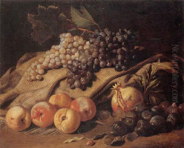 Still Life Of Grapes, Peaches, Figs And A Pomegranate Oil Painting by Jacob van der Kerckhoven