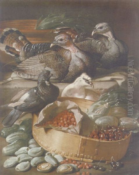 Turkeys And Pigeons With Cherries, Wild Strawberries And Squash In A Basket, With Almonds, Gherkins And Other Vegetables Oil Painting by Jacob van der Kerckhoven