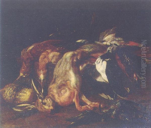 A Dead Hare And A Dead Snipe With Other Game On A Rock In A Landscape Oil Painting by Jacob van der Kerckhoven