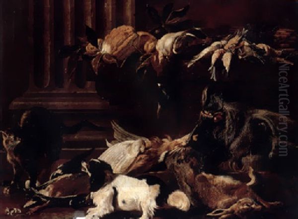 A Boar`s Head, A Dead Hare, A Mallard And Songbirds With A Cat And King Charles Spaniel By A Pilaster Oil Painting by Jacob van der Kerckhoven