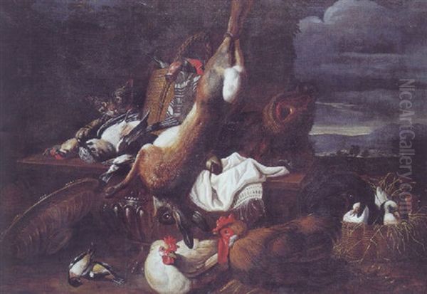 Opstilling Med Hare, Vildsvin Og Fugle Samt Hons, Kurv Med Duer Og Kat Oil Painting by Jacob van der Kerckhoven