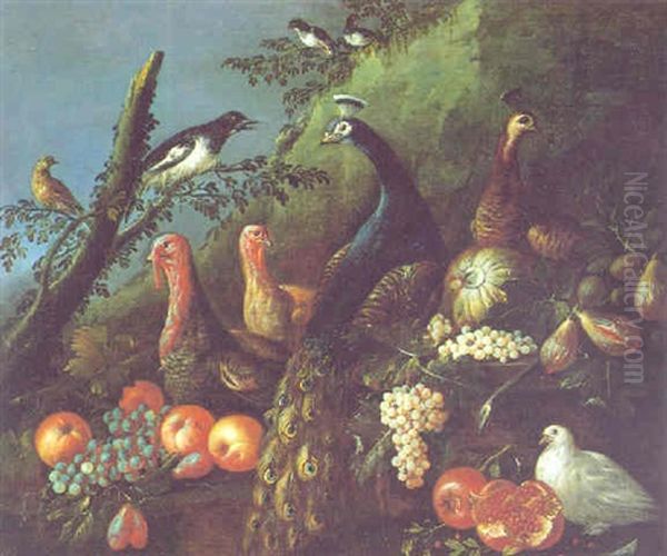 Landschaft Mit Pfauen, Truthahnen Und Anderen Vogeln, Mit Apfeln Und Weintrauben Oil Painting by Jacob van der Kerckhoven