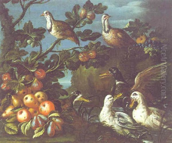 Wachteln Und Wildenten Mit Fruchten An Einem Felsigen Seeufer Oil Painting by Jacob van der Kerckhoven