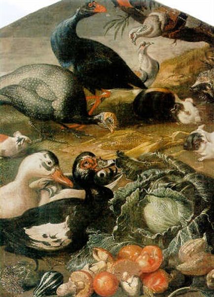 Ducks, Guinea Fowl, Pigeons, Guinea Pigs, Mushrooms, Sweet Corn And Other Vegetables In A Landscape Setting by Jacob van der Kerckhoven