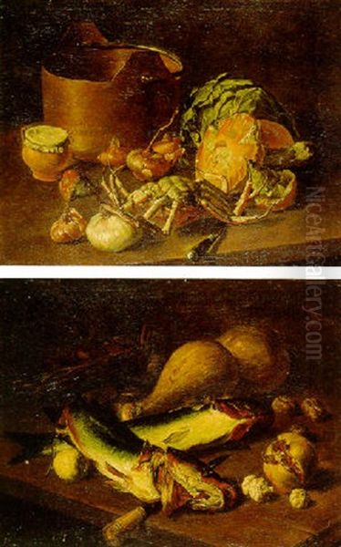 A Crab, Onions, A Covered Pot, A Copper Pan, A Cabbage, Mushrooms And A Knife On A Table Oil Painting by Jacob van der Kerckhoven