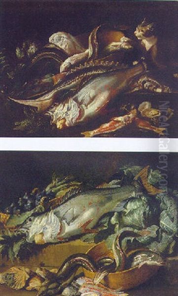 A Perch, Eels In A Wooden Bowl, Red Mullet, Oysters, Scallops, Figs In A Basket And A Cabbage On Steps Oil Painting by Jacob van der Kerckhoven