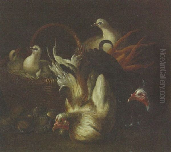 Two Chickens, Doves In A Basket And Oysters by Jacob van der Kerckhoven