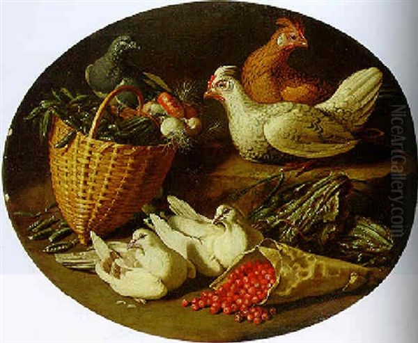 Chickens, Doves, A Pigeon, A Wicker Basket Of Onions And Other Food On A Bank Oil Painting by Jacob van der Kerckhoven