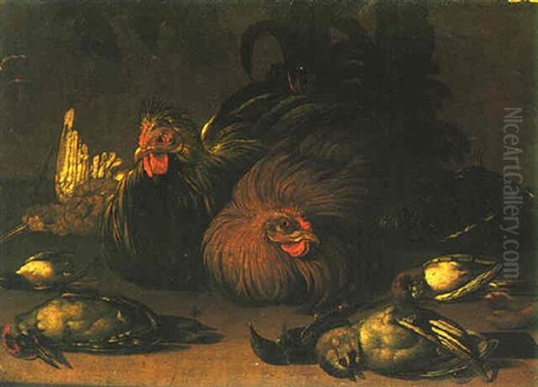 Two Roosters Surrounded By A Woodpecker, A Jay And Other Birds Oil Painting by Jacob van der Kerckhoven