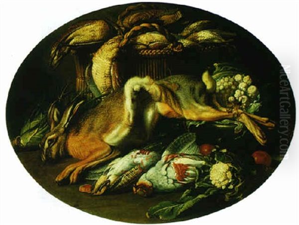 Still Life Of Hare, Gamebirds In A Basket And Vegetables Oil Painting by Jacob van der Kerckhoven