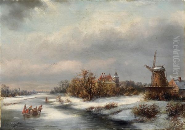 Winterliche Kanallandschaft In Holland Oil Painting by Ludwig Kergel