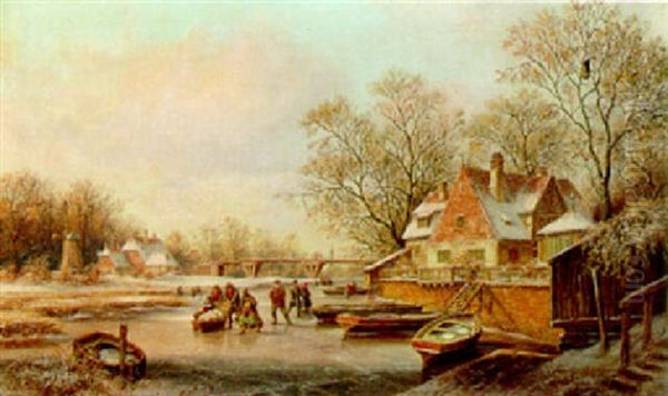 A Winter Landscape With Figures Skating Oil Painting by Ludwig Kergel