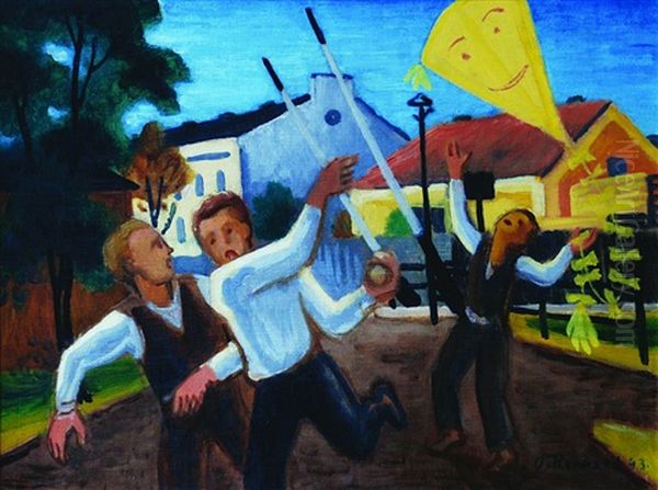 Kite Flying Oil Painting by Oldrich Kerhart