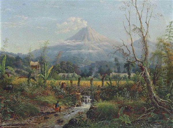 A Village In Java, Mount Semeru Beyond Oil Painting by Maurits Ernest Hugo R. van den Kerkhoff