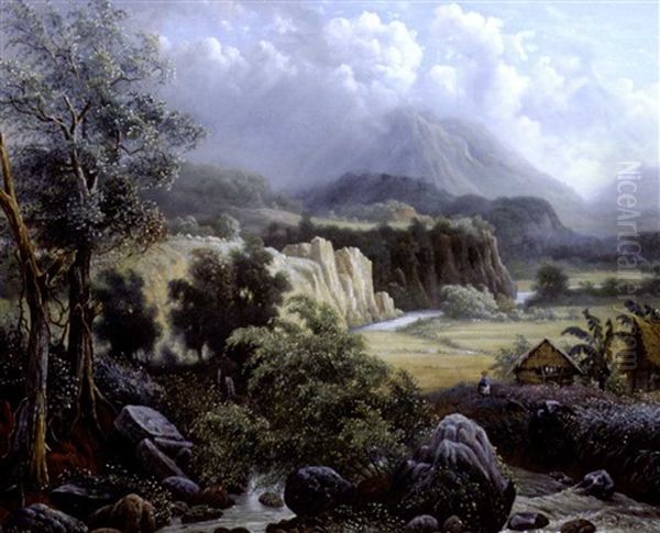 Changing Weather Conditions: A View Of The River Brantas Meandering Through The Highlands Near Batu, Java, With The Gunung Bromo And The Gunung Semeru In The Distance Oil Painting by Maurits Ernest Hugo R. van den Kerkhoff