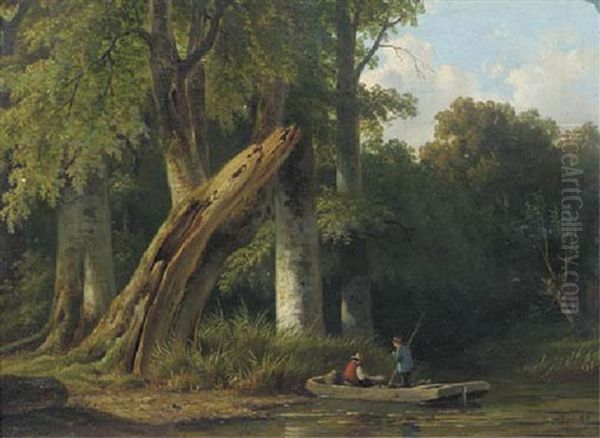 Crossing A Stream In A Forest Oil Painting by Maurits Ernest Hugo R. van den Kerkhoff