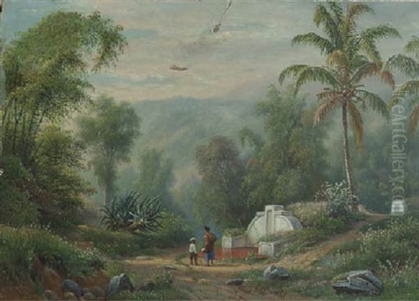 Figures Passing Chinese Graves In An Indonesian Landscape Near Malang (?) Oil Painting by Maurits Ernest Hugo R. van den Kerkhoff