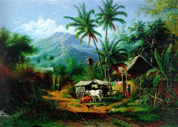 View In A Kampong Near A Volcano Oil Painting by Maurits Ernest Hugo R. van den Kerkhoff