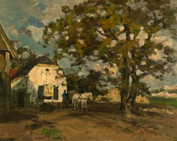 Farmer And Horse In Front Of A Farm Oil Painting by Eduard Willem Frederik Kerling