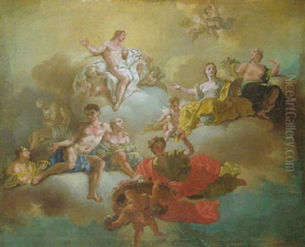 Apoll, Venus, Amor, Bacchus, Flora Und Andere Gestalten Der Antiken Mythologie, Auf Wolken Thronend Oil Painting by Anton Kern