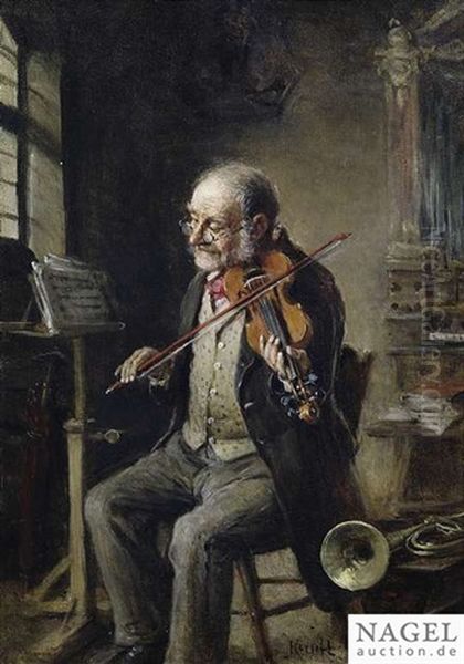 Violin Player In An Interior Oil Painting by Hermann Kern