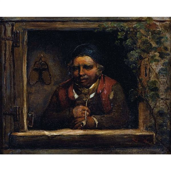 Mann Mit Pfeife Im Fensterausschnitt Oil Painting by Hermann Kern