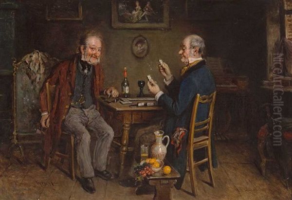 Zwei Dominospieler In Gemutlichem Interieur Oil Painting by Hermann Kern