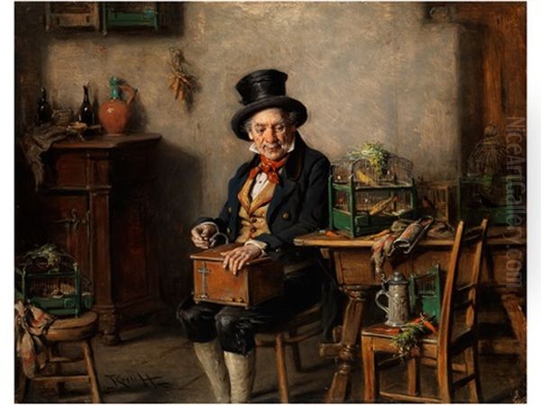 Alter Mann Mit Spieluhr An Einem Vogelkafig Oil Painting by Hermann Kern