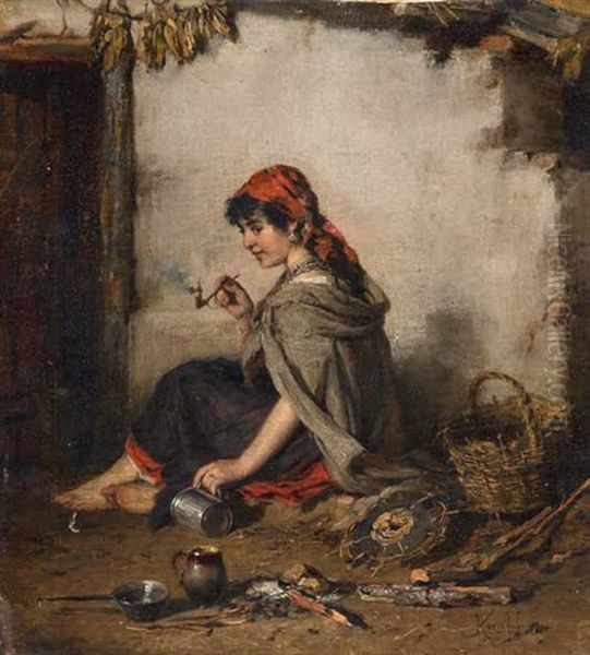 Sitzendes Zigeunermadchen Mit Pfeife Oil Painting by Hermann Kern