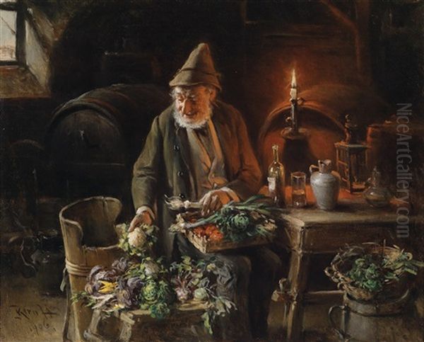 Der Gemusehandler Im Weinkeller Oil Painting by Hermann Kern