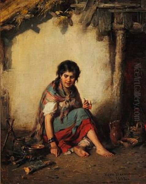 Young Gypsy Playing The Flute (a Young Gypsy Girl Smoking A Pipe; Pair) Oil Painting by Hermann Kern