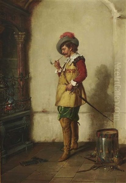 Pfeiferauchender Trommler Am Kamin Oil Painting by Hermann Kern