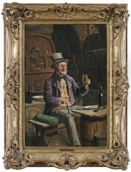 Biertrinker Mit Botanisiertrommel Im Fasskeller Oil Painting by Hermann Kern