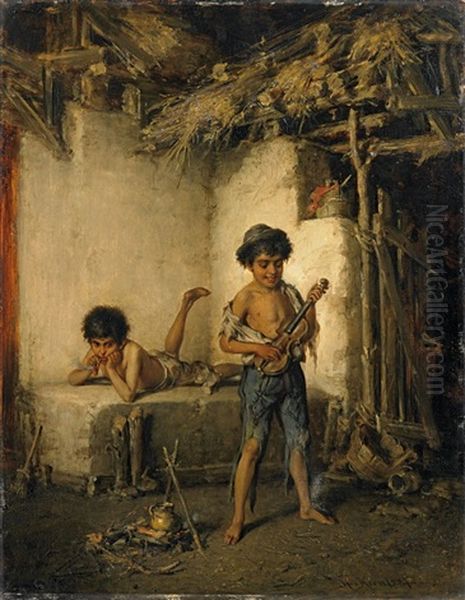 Zwei Zigeunerknaben Vor Einer Hutte Oil Painting by Hermann Kern