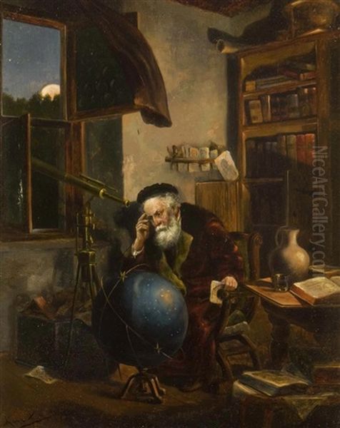 An Astronomer In His Studio Oil Painting by Hermann Kern