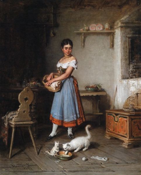 Hungrige Katzchen Oil Painting by Hermann Kern