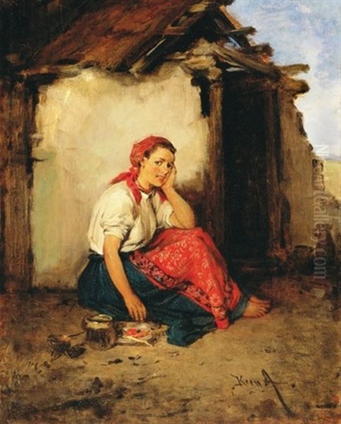 Varakozas (wait) Oil Painting by Hermann Kern