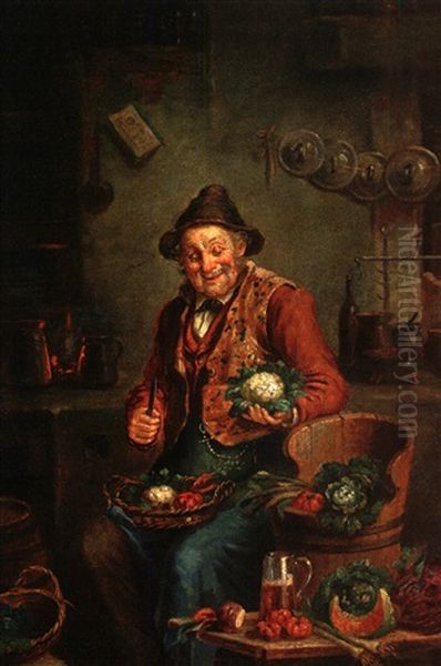 Alter Mann Putzt Gemuse In Romantischer Kuche Oil Painting by Hermann Kern