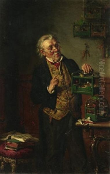 Mein Liebling.tierfreund Im Gesprach Mit Einem Vogelchen Oil Painting by Hermann Kern