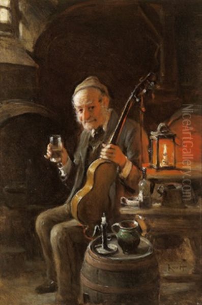 Ein Guter Tropfen Fur Den Musiker Oil Painting by Hermann Kern