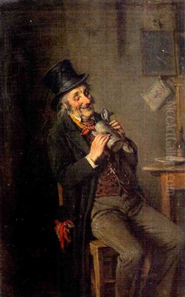 Interior With An Elderly Man Drinking Oil Painting by Hermann Kern