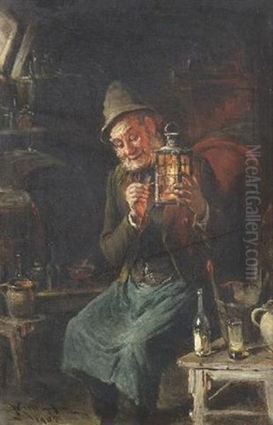 Alter Mann Im Weinkeller Beim Entzunden Der Lampe by Hermann Kern