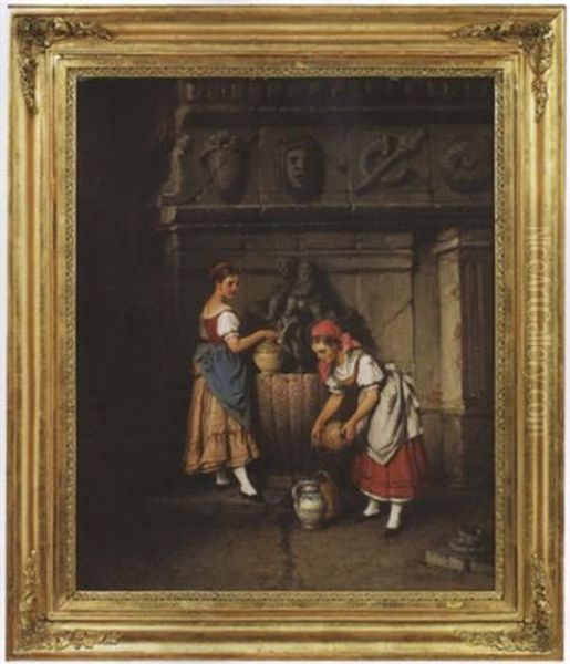 Zwei Madchen Mit Ihren Krugen Am Brunnen Oil Painting by Hermann Kern