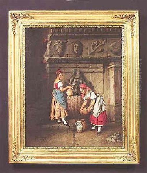 Zwei Madchen Mit Ihren Krugen Am Brunnen Oil Painting by Hermann Kern