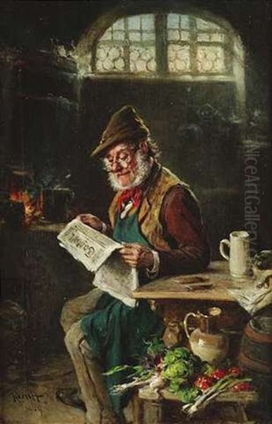 In Einer Bauerlichen Kuche Liest Ein Alter Mann Seine Zeitung Oil Painting by Hermann Kern