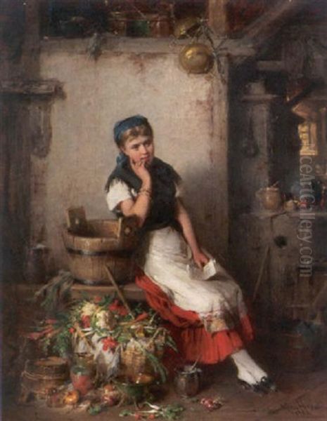 Junge Magd In Der Kuche Mit Einem Brief Oil Painting by Hermann Kern