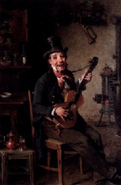 Interior Med Gitarrspelande Man Oil Painting by Hermann Kern