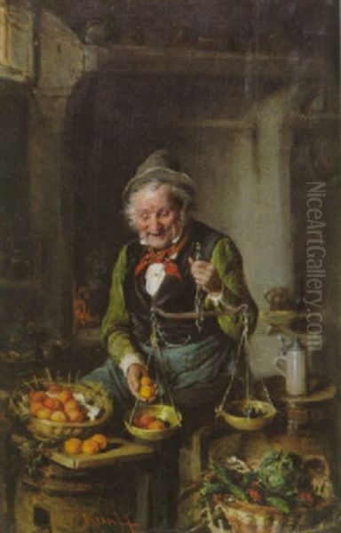 Der Obsthandler Beim Wiegen Von Aprikosen Vor Fassern Und Korben In Einem Kellergewolbe Oil Painting by Hermann Kern