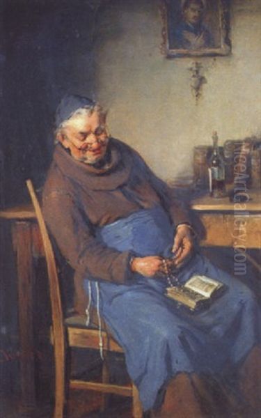 A Monk Reading With A Rosary Oil Painting by Hermann Kern